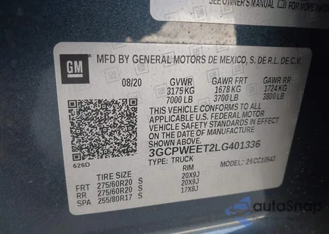 2020 Chevrolet Silverado 1500 из США, поврежденный, VIN 3GCPWEET2LG401336